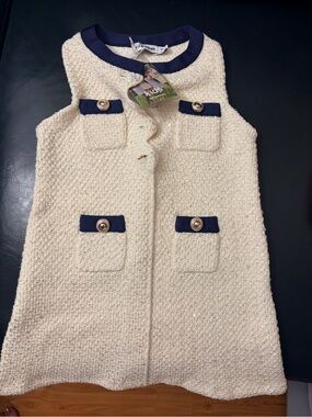 Self-Portrait Cream Textured Kids Vest with Navy Trim and Gold Buttons